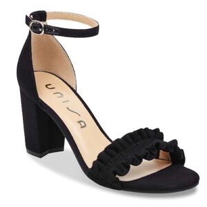 NWOB Unisa "Undian" Black Suede Ruffled Ankle Strap Heels, Size 7.5
